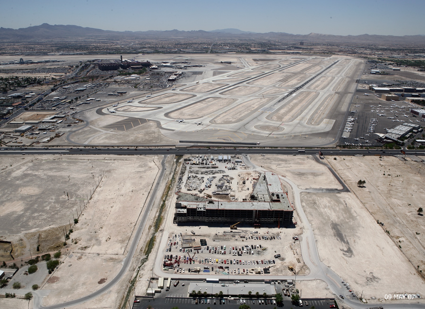 Airport infrastructure under construction, aerial